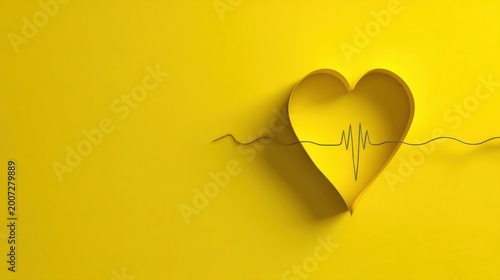 Vibrant yellow background with 3D heart, paper-cut effect and ECG line symbolizing life vitality.
