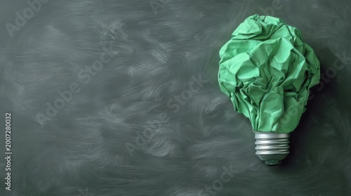 Green crumpled paper bulb symbolizing eco innovation on textured dark background with metallic base.