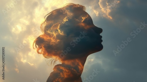 Silhouette of a woman with sky and clouds inside her form, glowing golden light, dramatic double exposure effect.