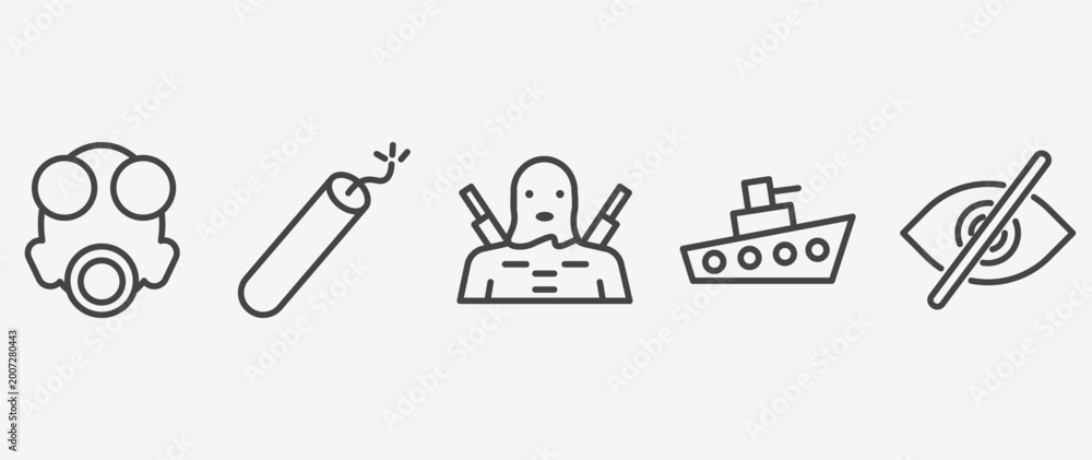 Fototapeta premium military and war and icon set with dynamite, guerrilla, ship, stealth signs in flat outline style