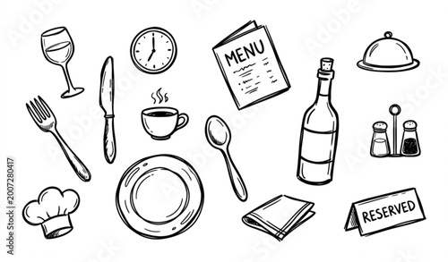 Photos Hand drawn cutlery doodle icon set tableware and dining utensil vector isolated