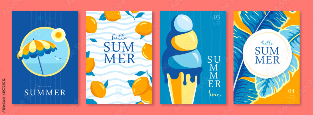 Obraz premium Set of summer Italian posters or covers with ice cream, lemons, beach umbrella, tropic leaves, seagull and beach landscape. Vector illustration