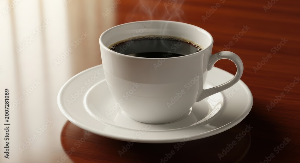 Obraz premium Steaming Cup of Black Coffee on Saucer