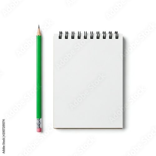 Green pencil next to blank spiral notebook isolated on white background