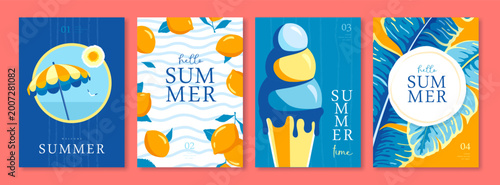 Set of summer Italian posters or covers with ice cream, lemons, beach umbrella, tropic leaves, seagull and beach landscape. Vector illustration