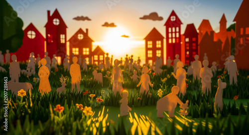 Paper cutouts of people and animals stand in a field at sunset. Miniature town silhouette in a warm paper craft diorama. Concept of community unity and sustainable living for social campaigns.