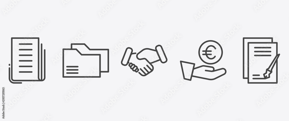 Obraz premium business icon set with two folders, shaking hands, euro coin on hands, signs in flat outline style