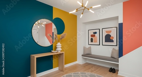 Modern entryway interior with colorful geometric wall art, minimalist hallway design featuring teal and mustard yellow accents, contemporary home foyer