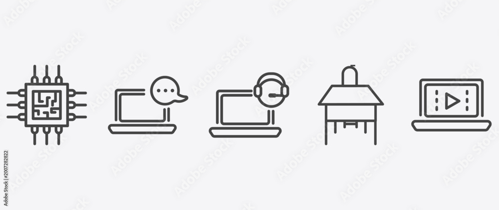 Φωτογραφία computer and tech icon set with online chat, online support, school desk, comput