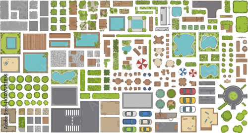 Landscape design elements architectural site plan symbols flat vector top view collection for garden and urban planning illustration