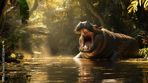 Hippo Yawning in Lush Jungle River with Sunlight Rays Streaming