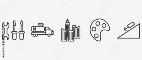 Foto construction icon set with tank truck, , pallete, inclined signs in flat outline