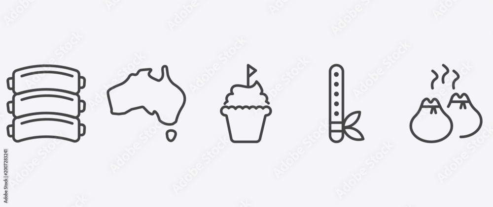 Fototapeta premium culture and civilization icon set with australian continent, cake with a flag, native american flute, dumplings signs in flat outline style