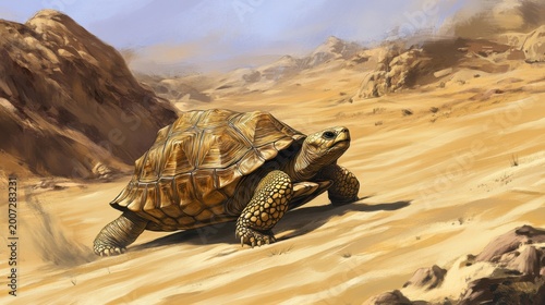 Desert Tortoise Walking in Arid Landscape with Sand Dunes