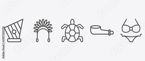 Tableau sur toile culture and civilization icon set with indian headdress, surfing a sea turtle, p