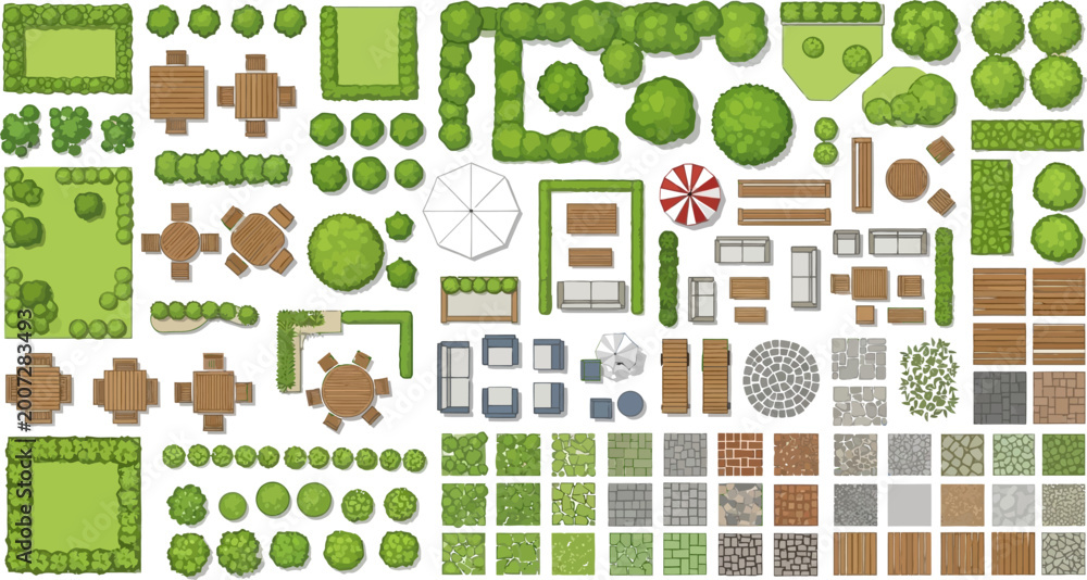 Naklejka premium Landscape design elements set with garden furniture plants and paving top view flat vector architectural plan for backyard layout planning