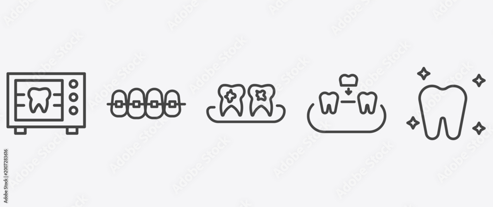 Fototapeta premium dental health icon set with dental brackets, plaque, overdenture, white teeth signs in flat outline style