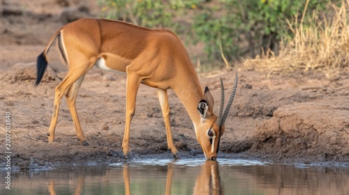 Antelope Drinking Water in Natural Habitat by the Water's Edge