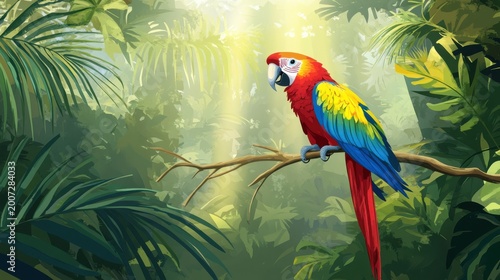 Vibrant Macaw Perched on Branch Amidst Lush Jungle Vegetation