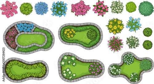 Landscape design garden elements top view vector set with flower beds bushes flowering plants and stone borders illustration
