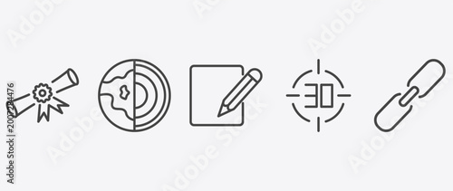Foto education icon set with geology, corrector, digital display 30, binding signs in
