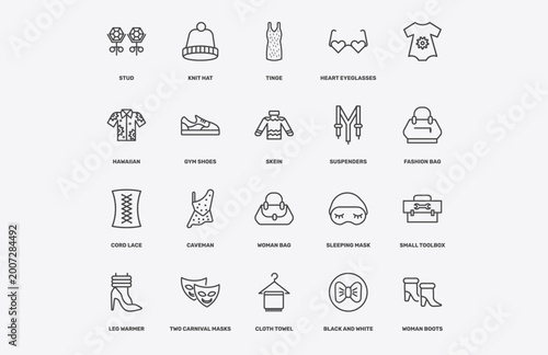 Slika na platnu fashion and things icon set with stud, knit hat, tinge, cord lace signs in flat