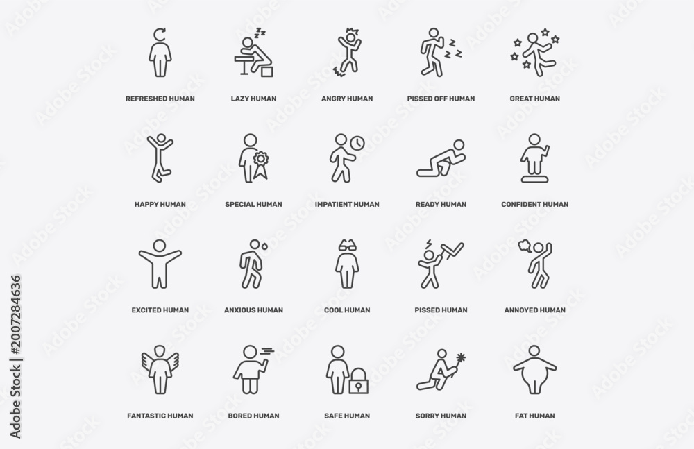 Fototapeta premium feeling and reaction icon set with refreshed human, lazy human, angry human, excited signs in flat outline style