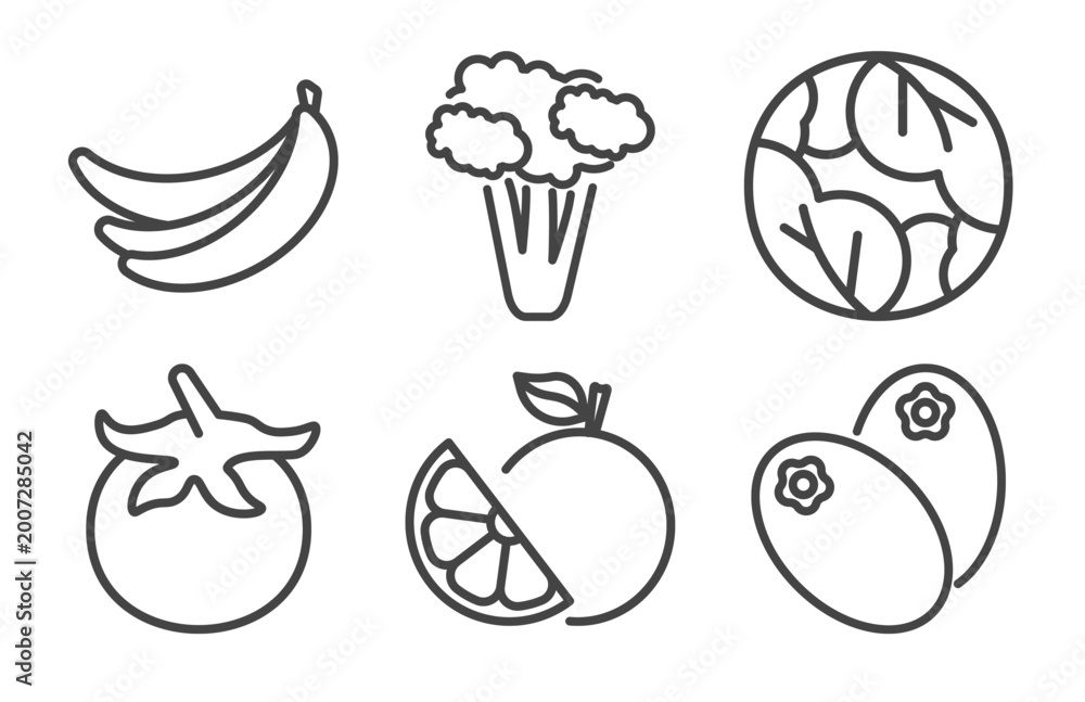 Fototapeta premium vegetables and fruits icon set with banana, cauliflower, tomato, breast milk fruit signs in flat outline style