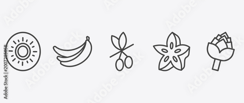 Bild auf Leinwand vegetables and fruits icon set with banana, olive, star fruit, artichoke signs i