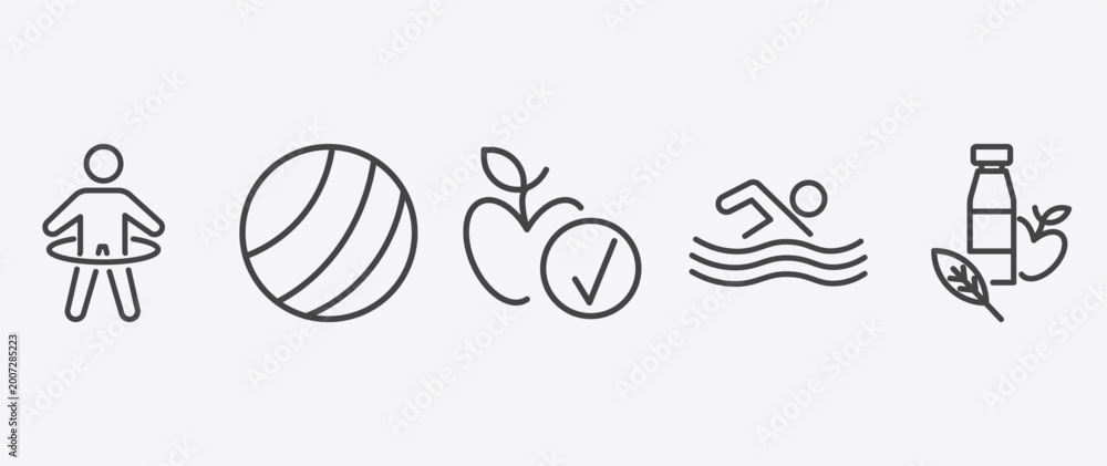 Fototapeta premium fitness and gym icon set with pilates ball, good diet, man swimming, fitness nutrition signs in flat outline style
