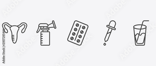 Photography health and medical icon set with breast pump, medical strip, pipette, juice sign
