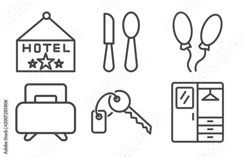 Foto hotel and restaurant icon set with hotel, eating utensils, single bed, checkroom