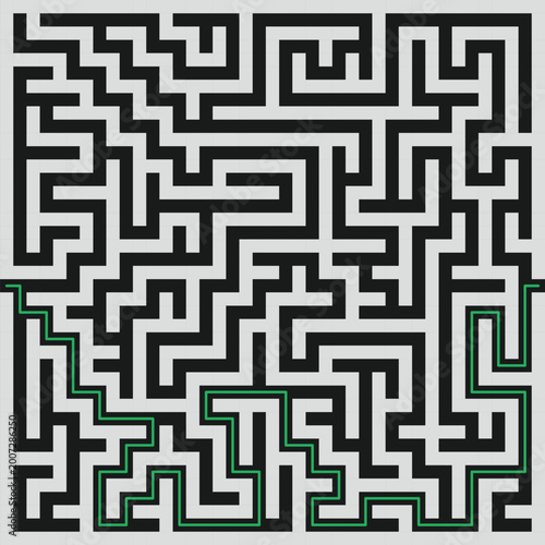 Abstract maze labyrinth pattern with solution path, black and white geometric puzzle design