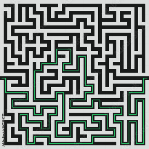 Abstract maze labyrinth pattern with solution path, black and white geometric puzzle design