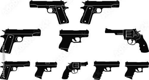 Foto Handgun silhouette set featuring pistols and revolvers in multiple angles isolat