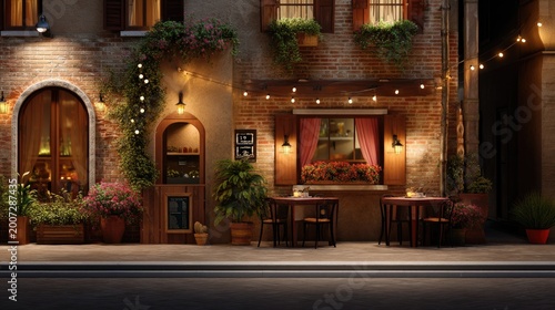 Cozy and Charming Outdoor Café Decorated with Warm Lights and Vibrant Flowers in an Intimate Urban Setting at Night