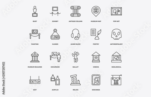 Foto museum and exhibition icon set with bust, exhibit, antique column, museum buildi