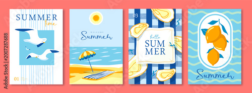 Set of summer Italian posters or covers with oysters, beach umbrella, tablecloth, lemons, seagulls and beach landscape. Vector illustration