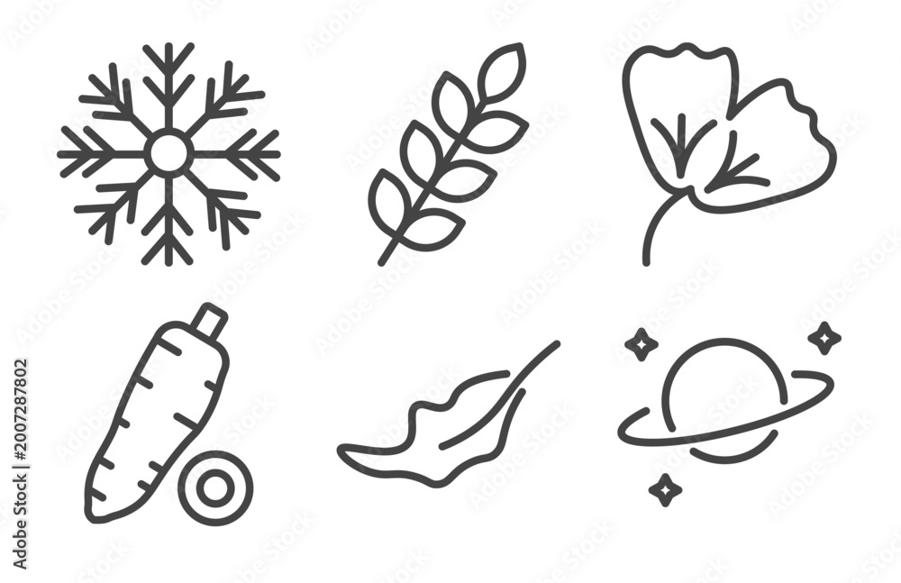 Obraz premium nature icon set with big snowflake, briar leaf, yucca, planet with satellite signs in flat outline style