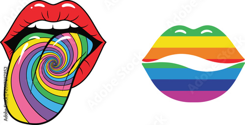 Psychedelic Lips Vector Set Featuring Rainbow Spiral Tongue and Pride Flag Colors for LGBTQ Events Music Festivals and Pop Art Inspired Creative Design Projects