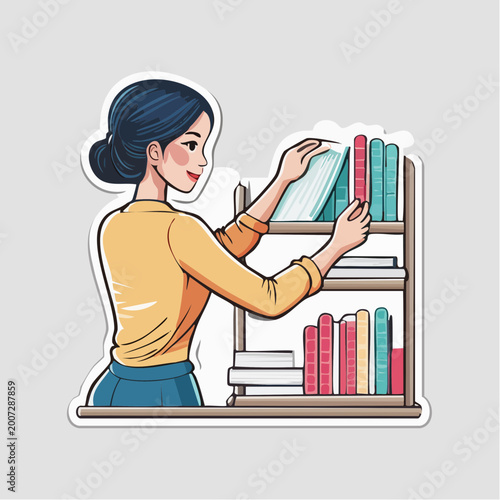 Woman Organizing Books on a Shelf