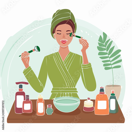 Woman Performing Facial Massage with Jade Roller and Skincare Products