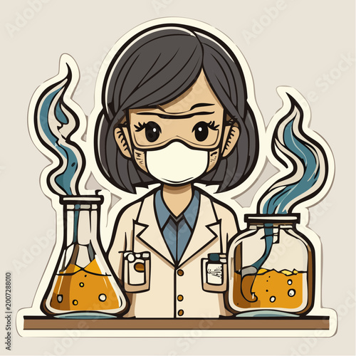 Cartoon Scientist Conducting Experiment with Flasks