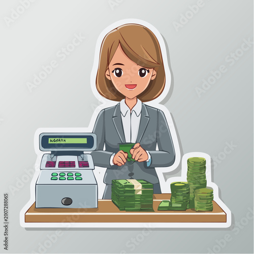 Cartoon Woman Cashier Counting Money at Counter with Cash Register