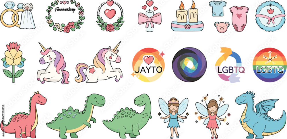 Naklejka premium Cute Nursery Cartoon Icon Set with Unicorn Dinosaurs Fairies Baby Clothes Wedding and Pride Symbols