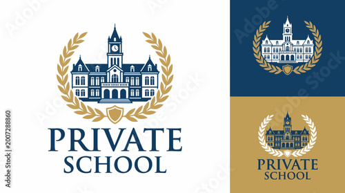 Fotografie This sophisticated logo showcases an impressive private school building, symbolizing educational excellence, tradition, and community values in a refined and artistic manner