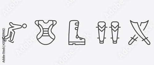 Foto sport and games icon set with chest guard, ski boots, shin guards, saber signs i