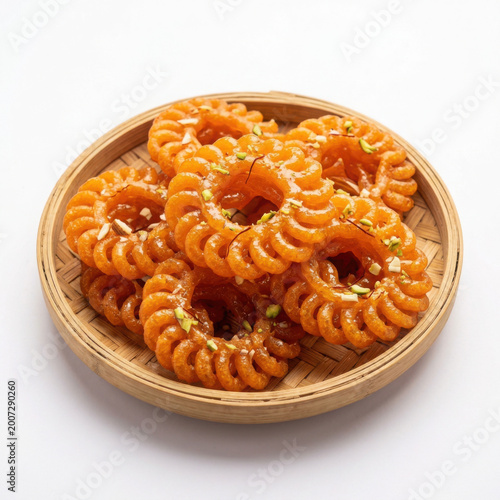 Imarti on Bamboo Plate Isolated on White Background Square Composition Studio Shot