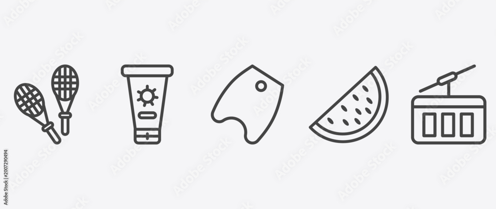 Fototapeta premium summer icon set with sunscreen, bodyboard, slice of melon, funicular signs in flat outline style