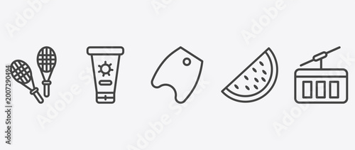 Quadro su tela summer icon set with sunscreen, bodyboard, slice of melon, funicular signs in fl